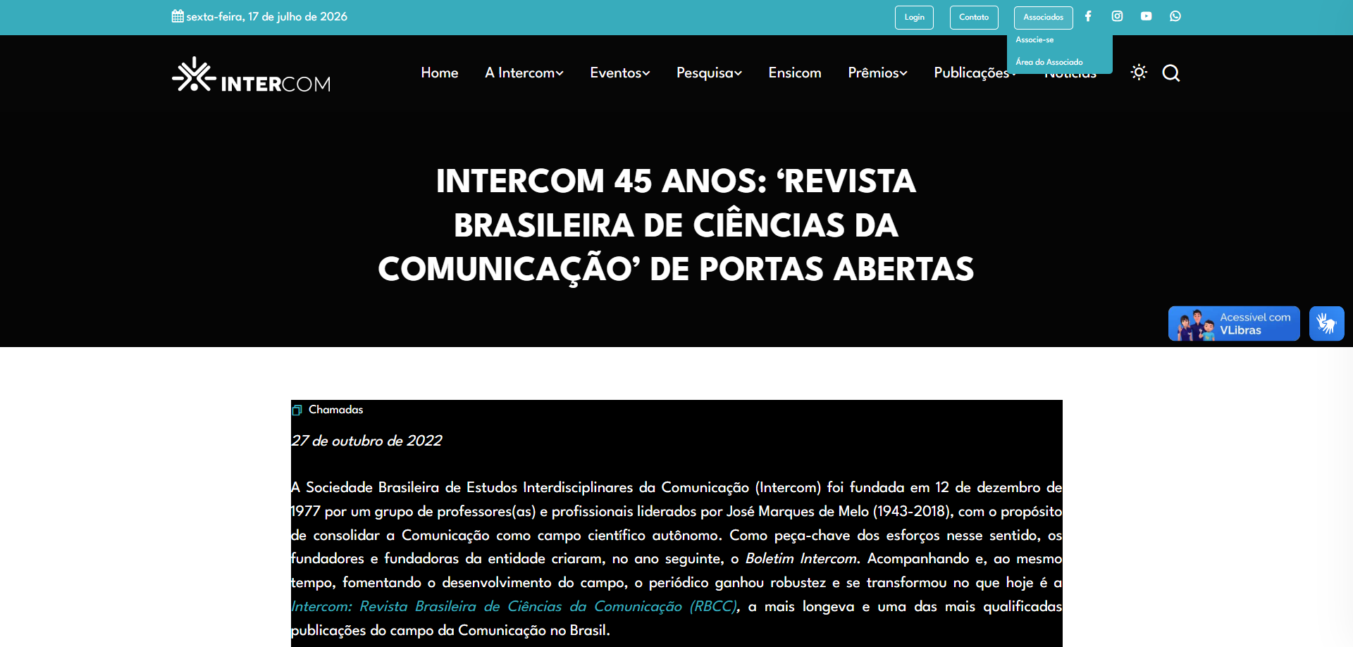 INTERCOM 45 ANOS: ‘REVISTA BRASILEIRA DE CIÊNCIAS DA COMUNICAÇÃO’ DE PORTAS ABERTAS